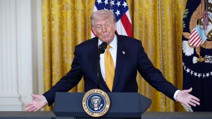 President Donald Trump talks to reporters amid Iran war talks