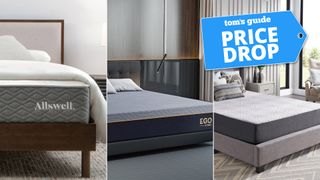 Composite image of the the Allswell Luxe, EGOHOME Black 12" Hybrid and Sealy Essentials 10" Hybrid mattresses, with a Tom's Guide badge overlaid saying "PRICE DROP"