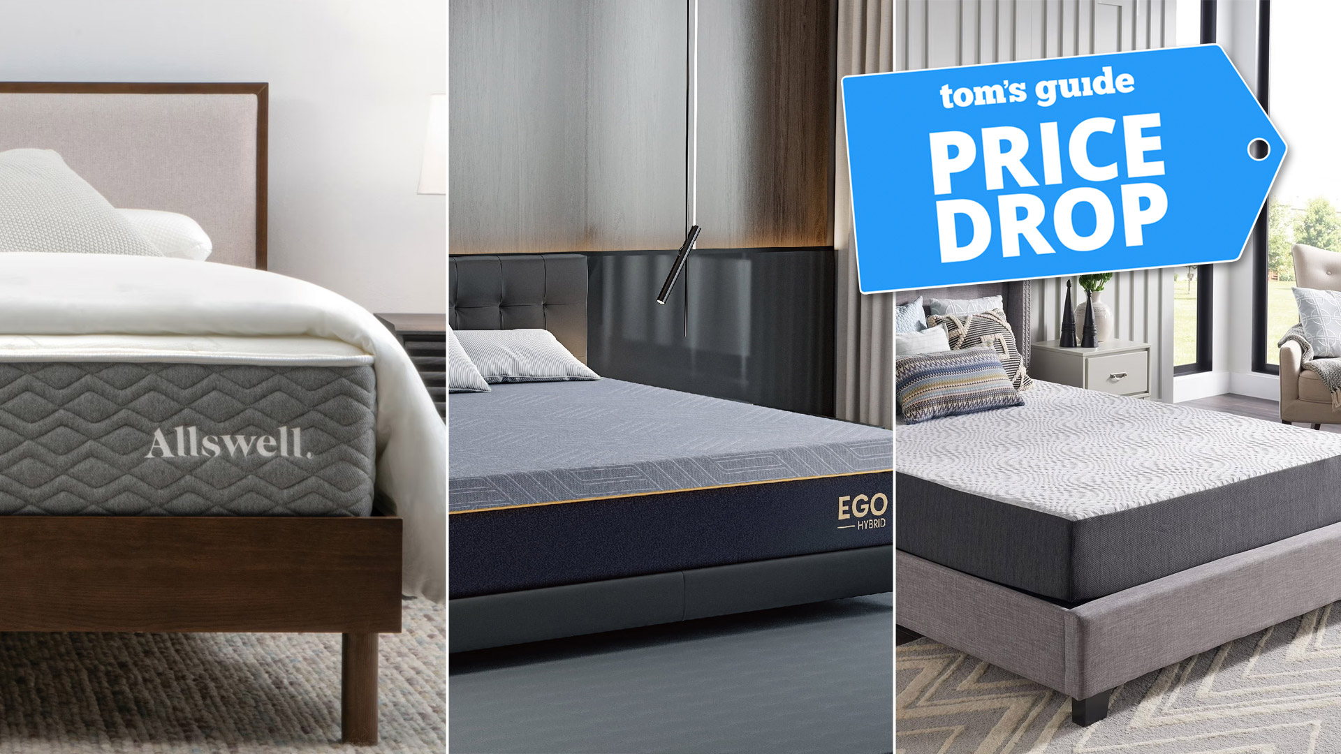 Composite image of the the Allswell Luxe, EGOHOME Black 12&quot; Hybrid and Sealy Essentials 10&quot; Hybrid mattresses, with a Tom&#039;s Guide badge overlaid saying &quot;PRICE DROP&quot;