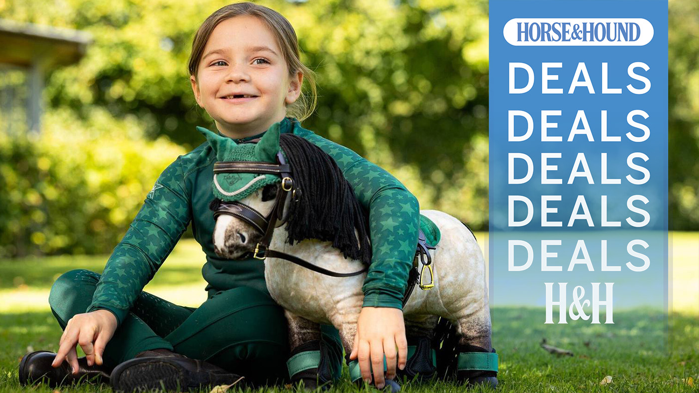 Child sitting with a LeMieux Black Friday Toy Pony, with H&amp;H deals graphic