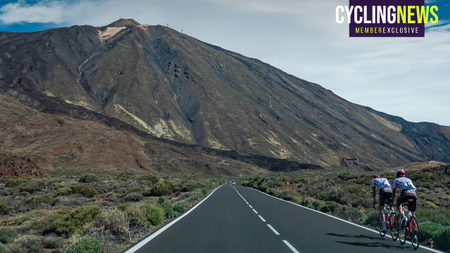 Cyclist riding during a blue sky summer day on the famous for biking route around the volcanic landscape of El Teide Volcano (Photo by Nicolas Economou/NurPhoto via Getty Images)