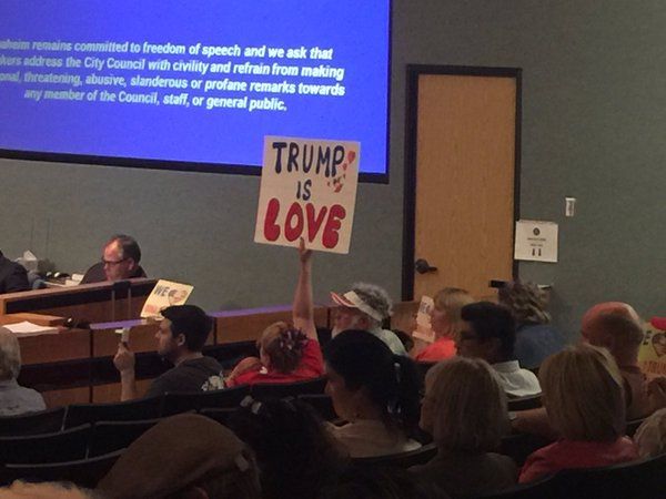 Donald Trump supporters inside the Anaheim City Council meeting Tuesday.