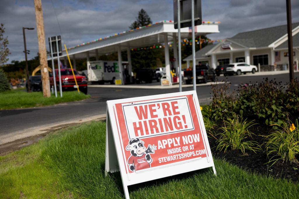 Hiring signs outside a Stewart's gas station in Catskill, New York.