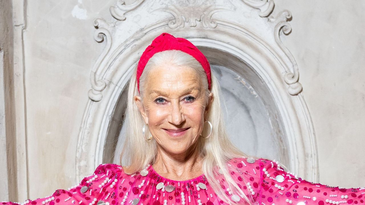 Helen Mirren&#039;s sheer sequin dress and knotted hot pink headband delights fans