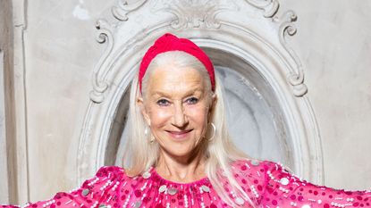 Helen Mirren's sheer sequin dress and knotted hot pink headband delights fans