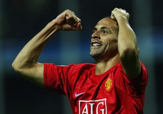 Rio Ferdinand celebrates after scoring for Manchester United against Dynamo Kyiv, 2007