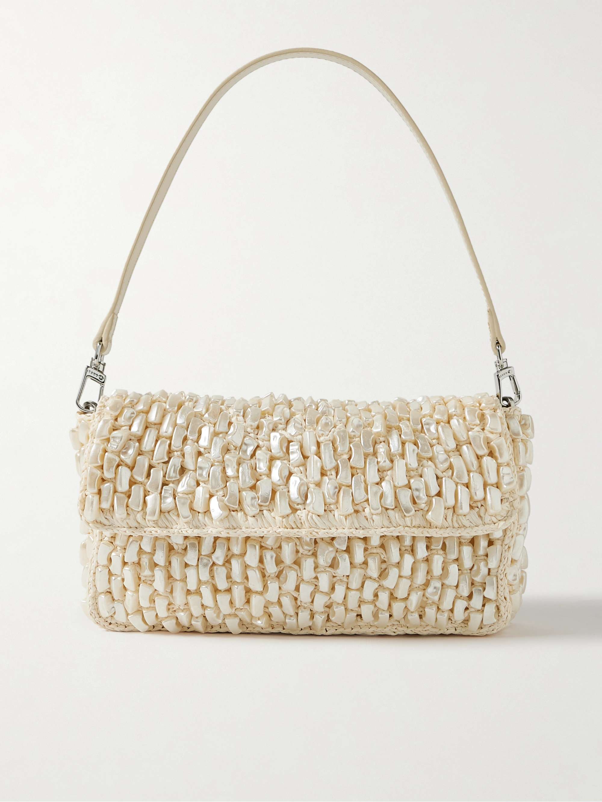 Timmy Leather-Trimmed Faux Pearl-Embellished Raffia Shoulder Bag