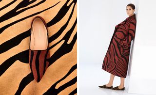 Two images- Left- Red and black animal print shoe, Right- Model wears red and black animal print long coat