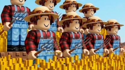 Farmers stand near their wheat crops in Mini War on Roblox.