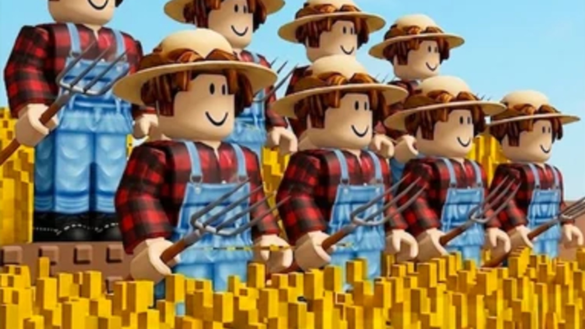 Farmers stand near their wheat crops in Mini War on Roblox.