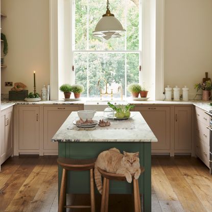 devol small u-shaped kitchen with cream walls and warm wood floor pink cabinetry and green island all with marble worktops