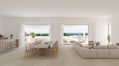 A minimalist living space in a neutral scheme, with views of the sea 