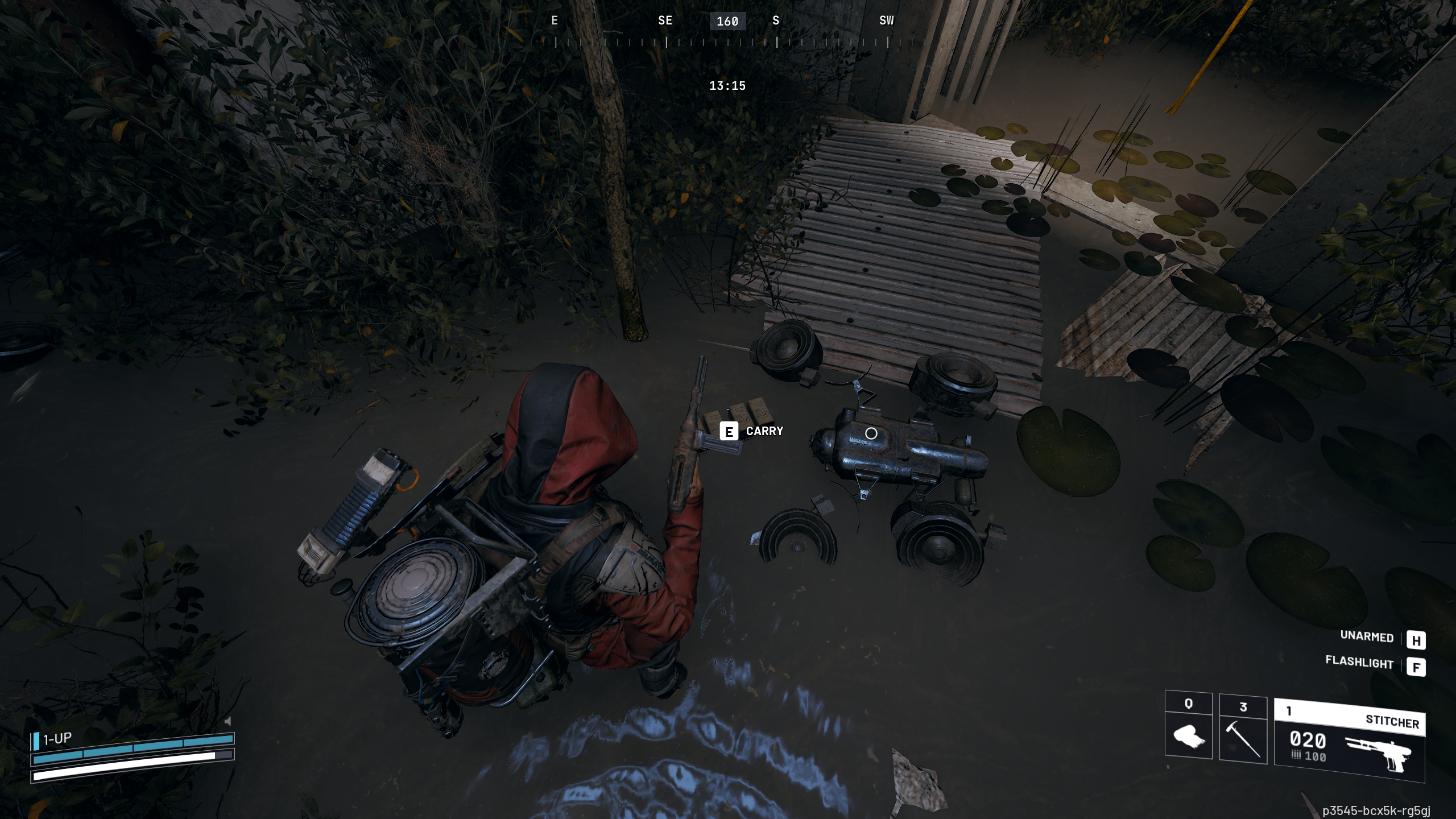 Arc Raiders Controlled Access Zone puzzle: A player looking at a fuel cell in murky, cluttered water.