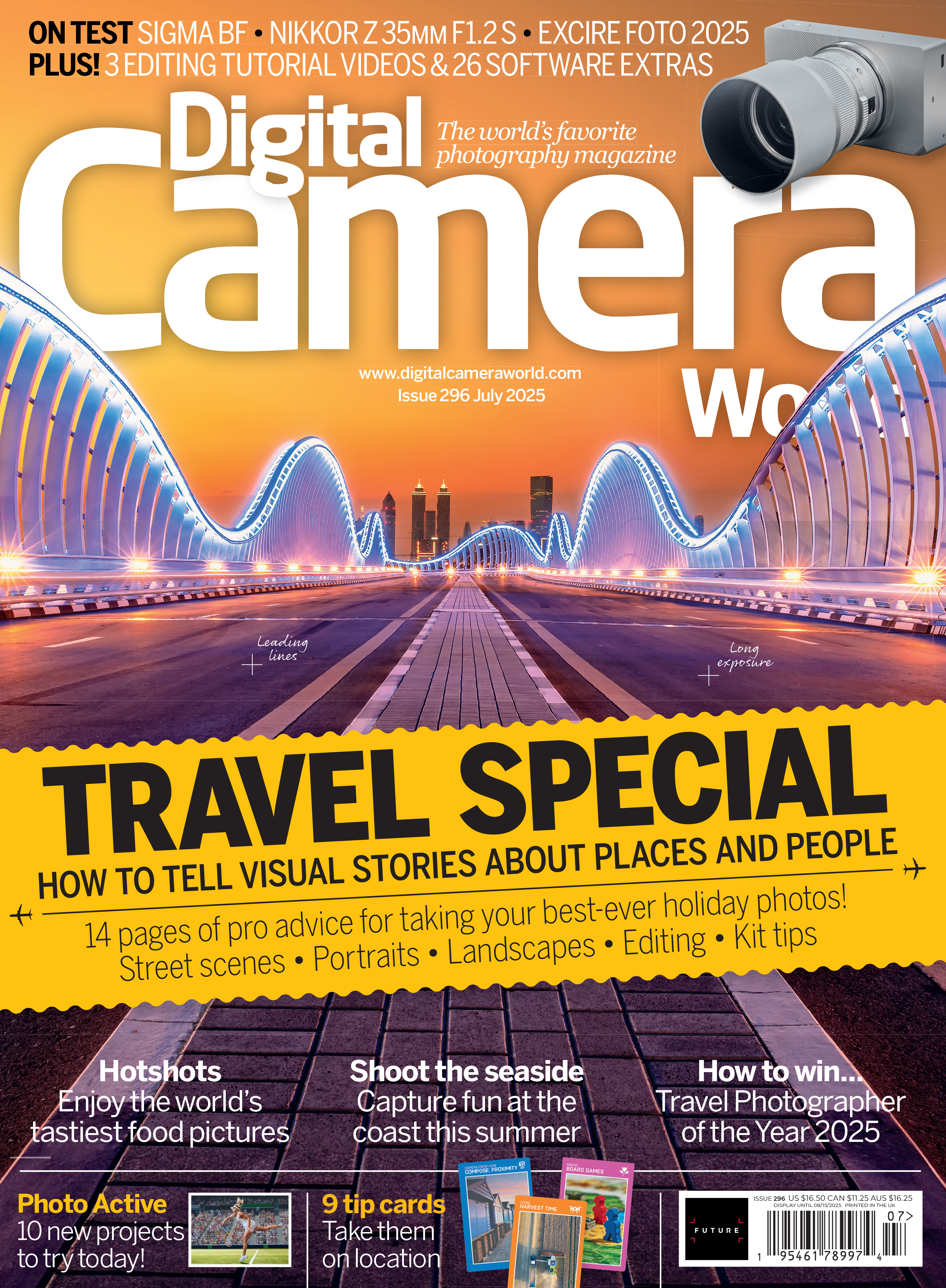 Front cover of issue 296 (July 2025) of Digital Camera magazine and images showing the highlights of the bonus gifts included with the magazine – nine photo tips cards, 3 tutorial videos, 26 software extras and an ebook