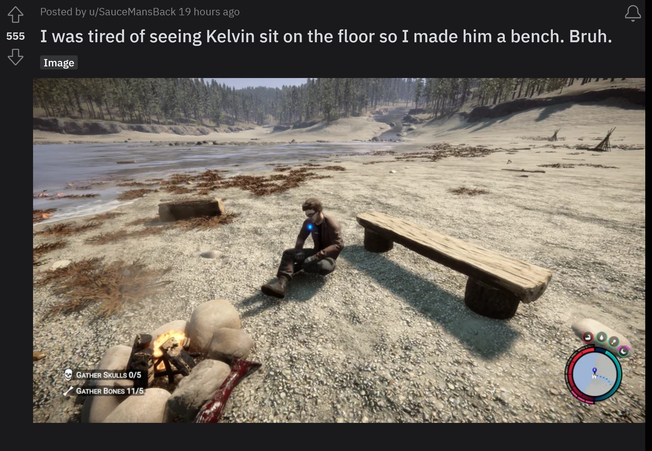 Sons of the Forest - Kelvin won't sit on a bench