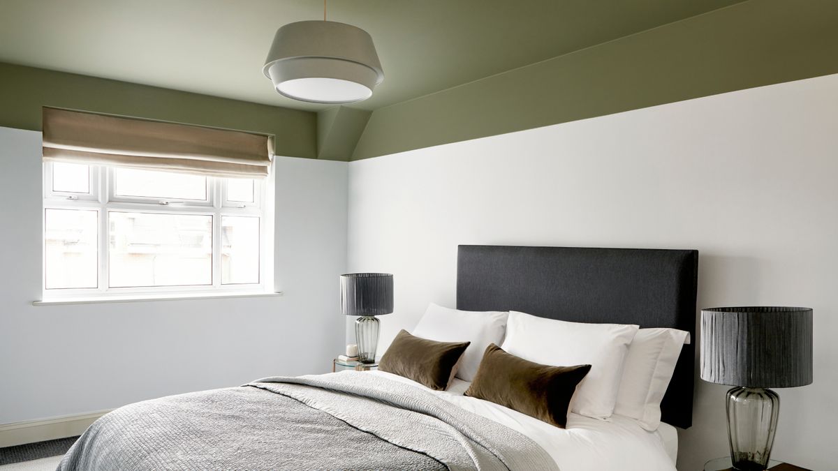 green bedroom idea with green painted ceiling and white walls