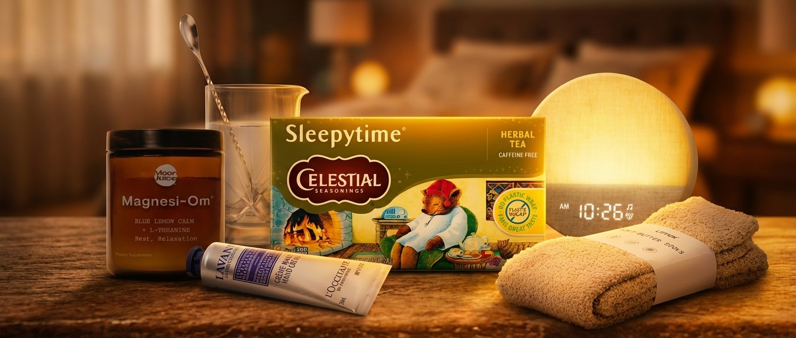 Assortment of sleep products on a wooden shelf in a warm looking bedroom scene