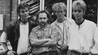 A-ha with producer Tony Mansfield in 1984