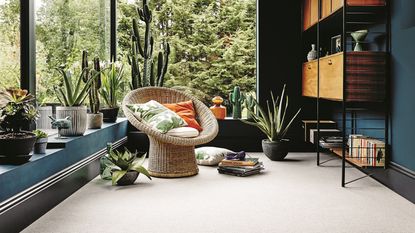 A bright living room with light neutral carpet and houseplants