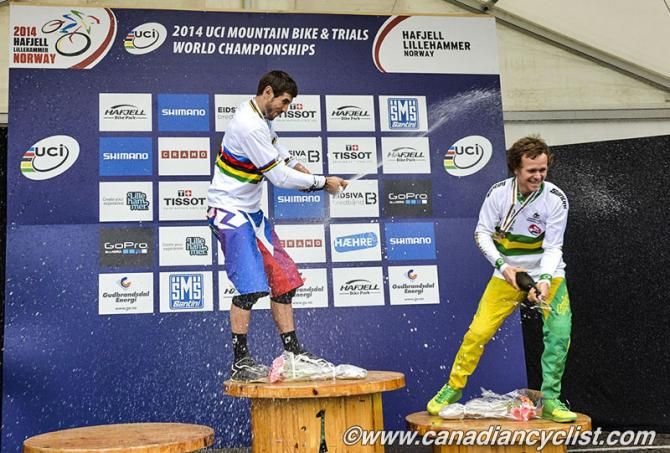 Gee Atherton celebrates his world title.
