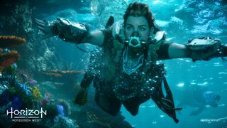 Aloy from Horizon Forbidden West swims underwater