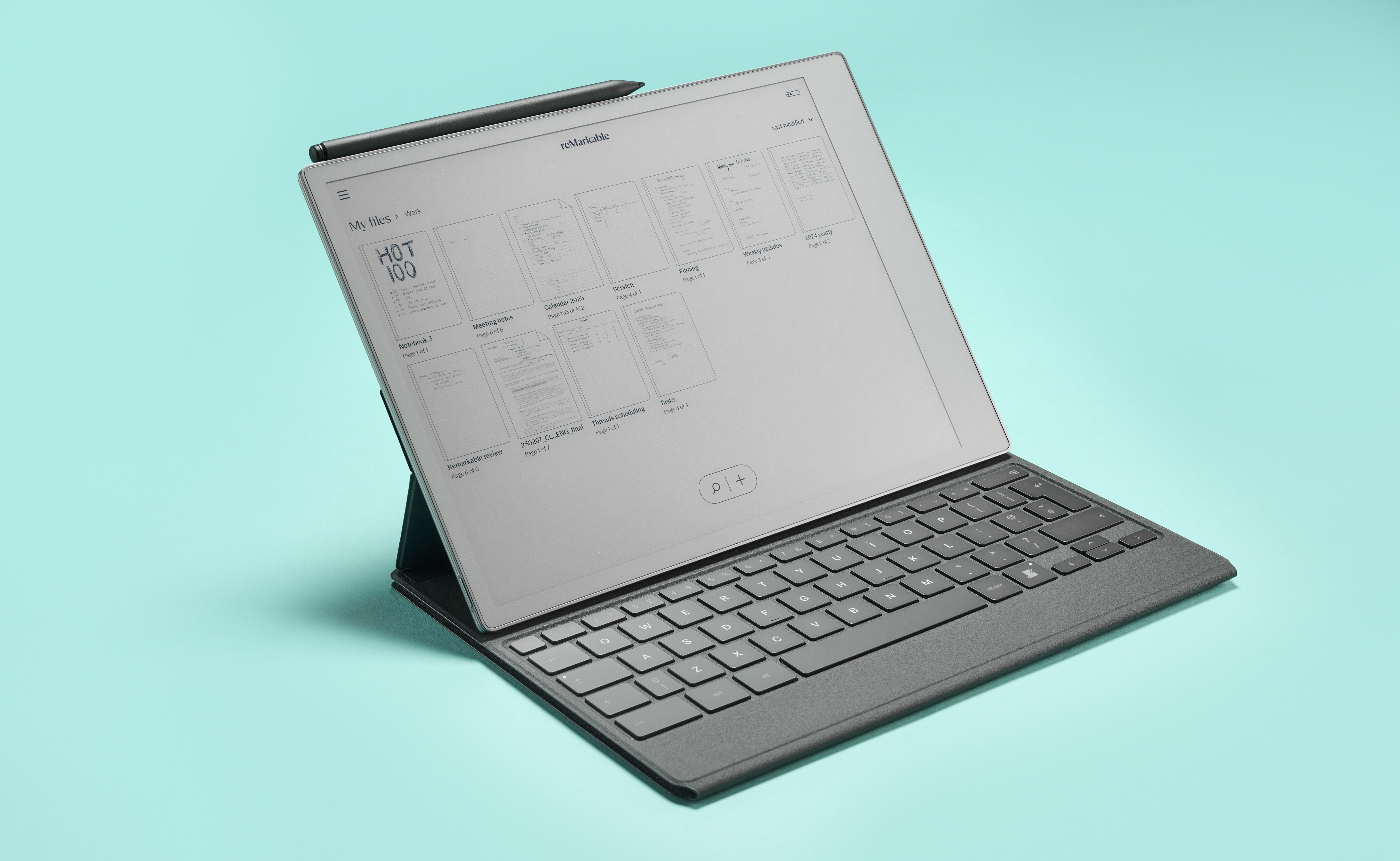 The ReMarkable Paper Pro and Type Folio, home screen open to show various documents.