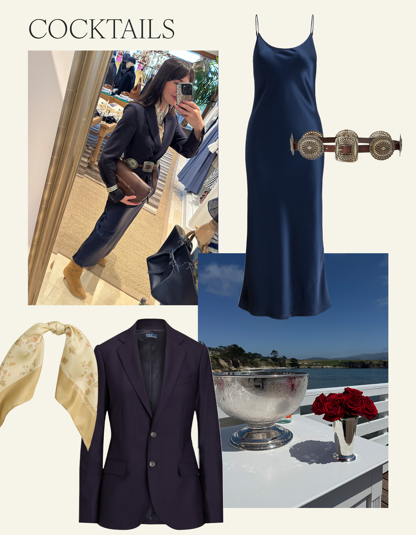 Collage featuring Kat Collings wearing a navy blazer and silk slip dress and an image with a silver champagne bowl and roses.