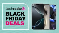 iPhone 16 Pro, Galaxy S24 Ultra, and Google Pixel 9 on blue background with techradar black friday deals text overlay