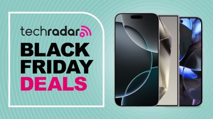 iPhone 16 Pro, Galaxy S24 Ultra, and Google Pixel 9 on blue background with techradar black friday deals text overlay