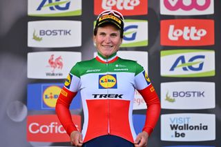 LIEGE BELGIUM APRIL 24 Elisa Longo Borghini of Italy and Team Lidl Trek celebrates at podium as second place winner during the 8th Liege Bastogne Liege Femmes 2024 a 1529km one day race from Bastogne to Liege UCIWWT on April 24 2024 in Liege Belgium Photo by Luc ClaessenGetty Images