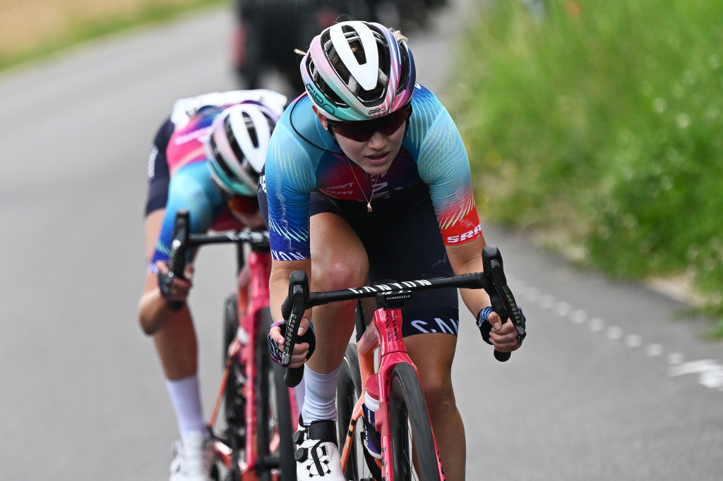 CHAMPAGNE SWITZERLAND JUNE 17 Neve Bradbury of Australia and Team CanyonSram Racing competes in the breakaway during the 4th Tour de Suisse Women 2024 Stage 3 a 1256km stage from Vevey to Champagne UCIWWT on June 17 2024 in Champagne Switzerland Photo by Tim de WaeleGetty Images