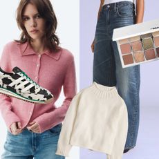 Collage of Sephora, H&M, Adidas, Levi, and J.Crew products. 