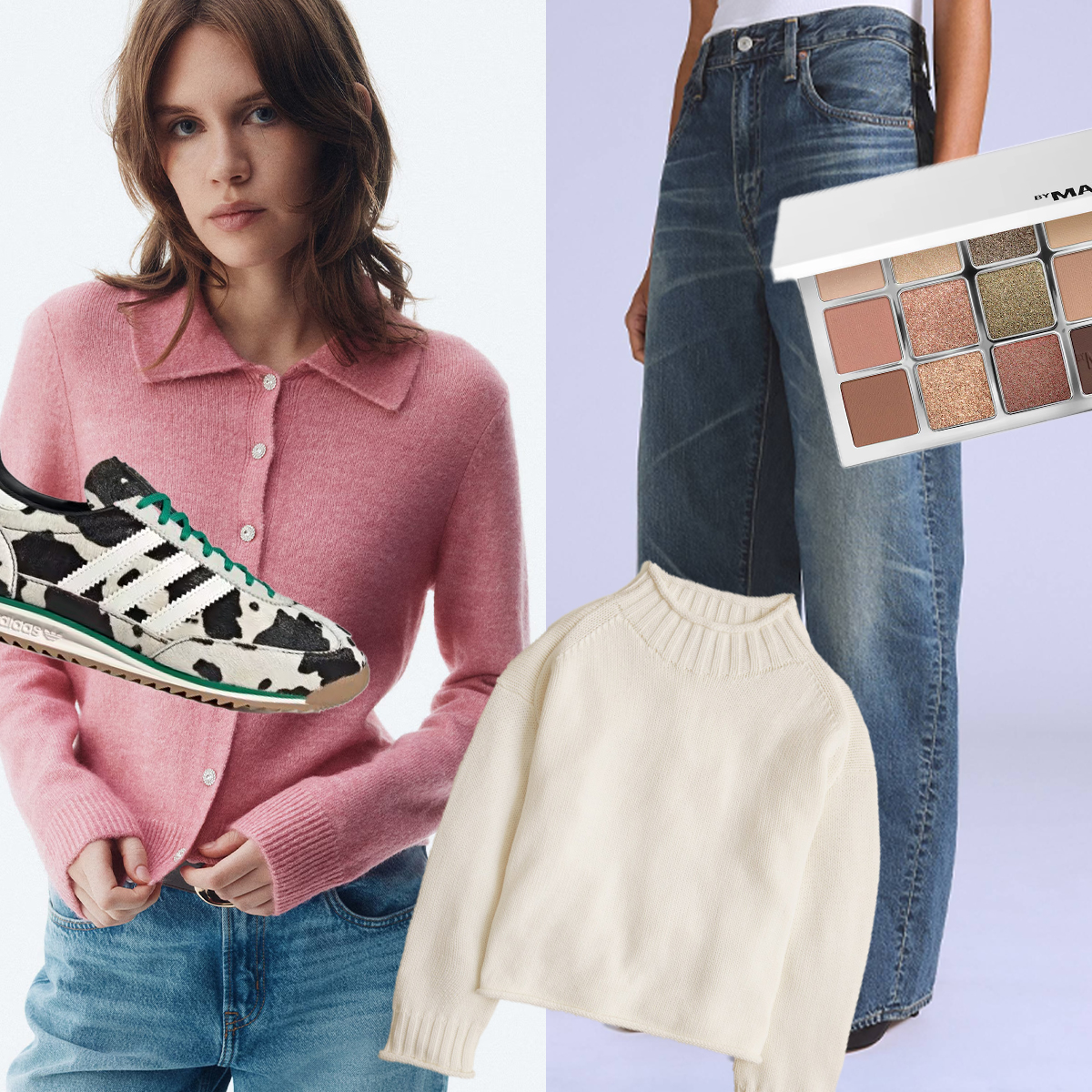 Collage of Sephora, H&M, Adidas, Levi, and J.Crew products. 