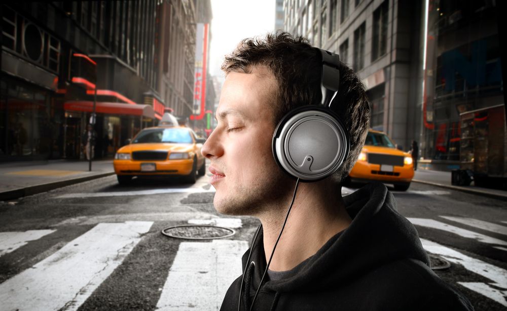 headphones, music, listening, street, pedestrian, crossing