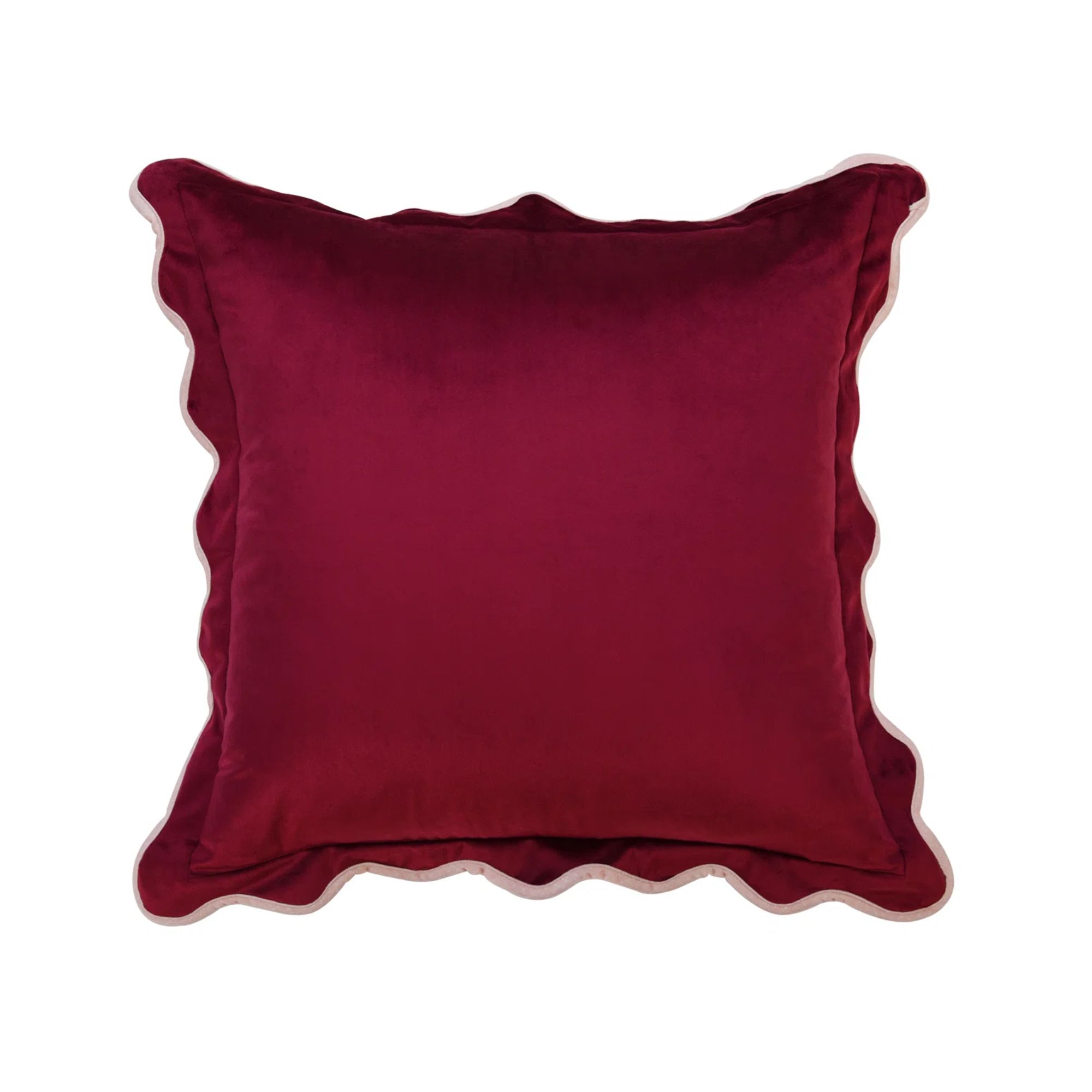 Scalloped burgundy velvet pillow cover with lilac trim