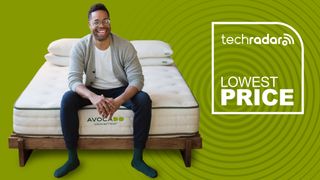 Avocado mattress sales: a person sitting on an Avocado Green mattress with a badge saying "LOWEST PRICE"