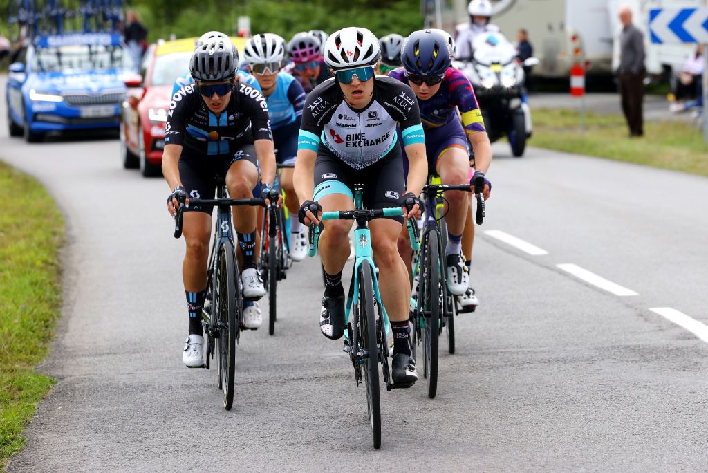 LANDERNEAU FRANCE JUNE 26 Juliette Labous of France and Team DSM Grace Brown of Australia and Team BikeExchange Mikayla Harvey of New Zealand and Team Canyon SRAM Racing during the 8th La Course By Le Tour De France 2021 a 1077km race from Brest to Landerneau Cte De La Fosse Aux Loups 176m LaCourse LeTour TDF2021 UCIWWT on June 26 2021 in Landerneau France Photo by Tim de WaeleGetty Images