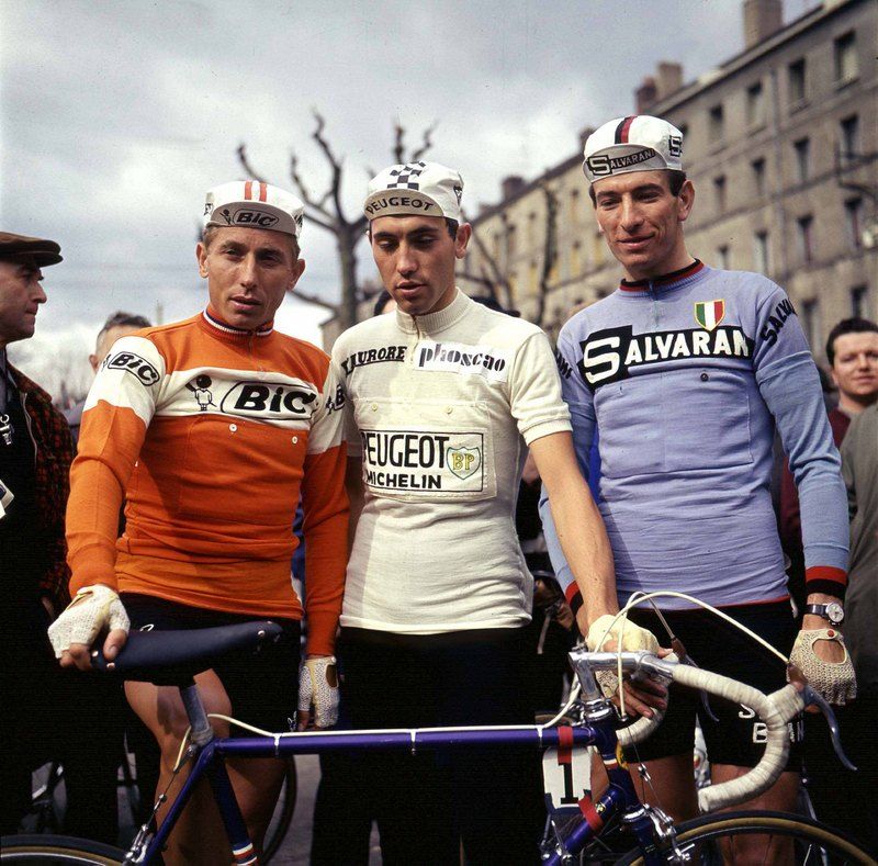 Jacques Anquetil, Eddy Merckx and Felice Gimondi at the 1970 Tour de France