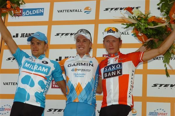 The 2009 Vattenfall Cyclassic podium: Gerald Cioleck (3rd, Milram), Tyler Farrar (1st, Garmin-Slipstream) and Matti Breschel (2nd, Saxo Bank)