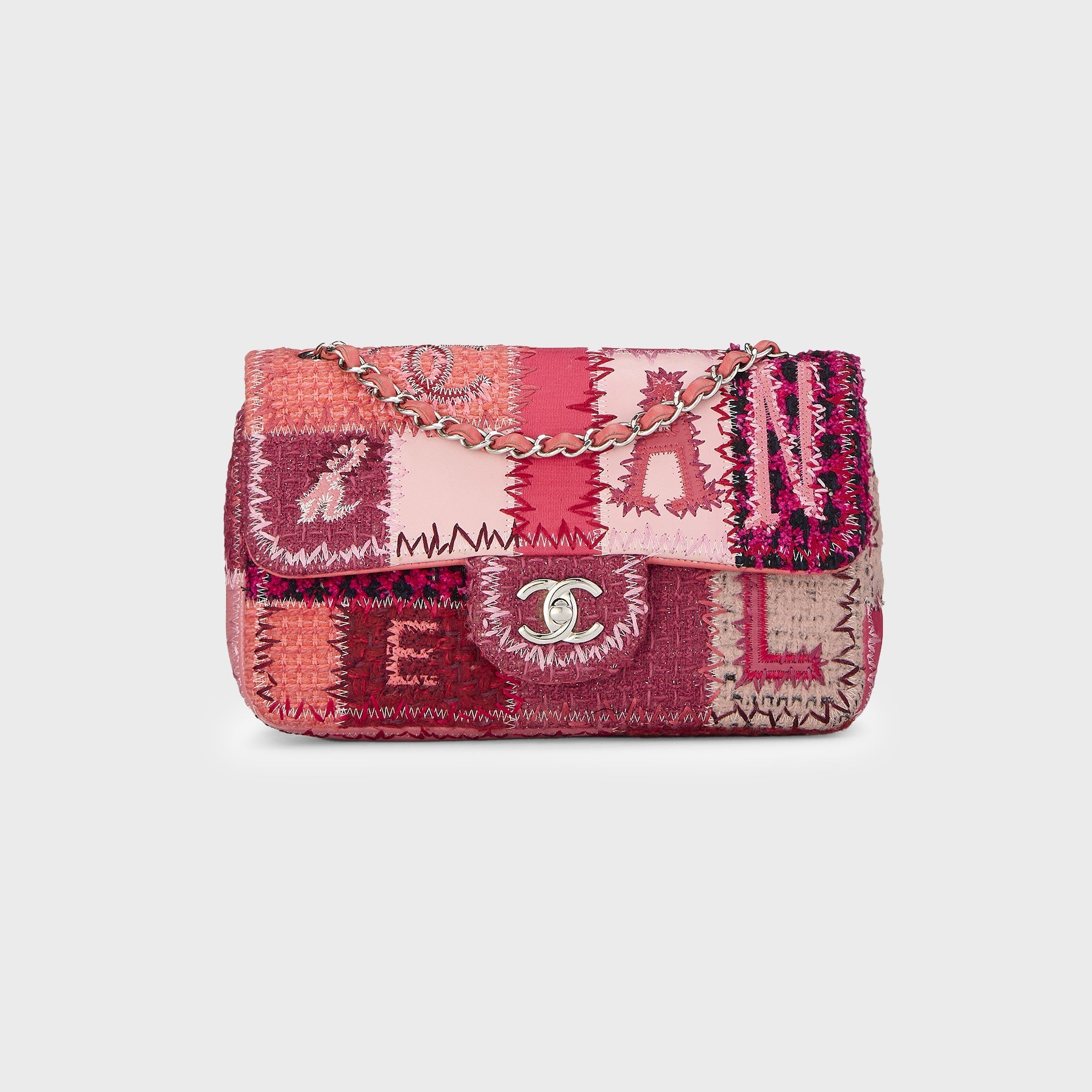 Wgaca Chanel Tweed Single Flap Patchwork Shoulder Bag - Pink