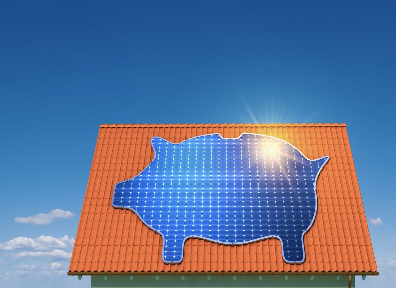 Piggy bank shaped solar panel on a roof