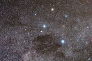 The famous Southern Cross constellation is composed of four main stars: Acrux (Alpha Crucis), at bottom; Becrux (Beta Crucis), at left; Gacrux (Gamma Crucis), at top; and Delta Crucis, at right.