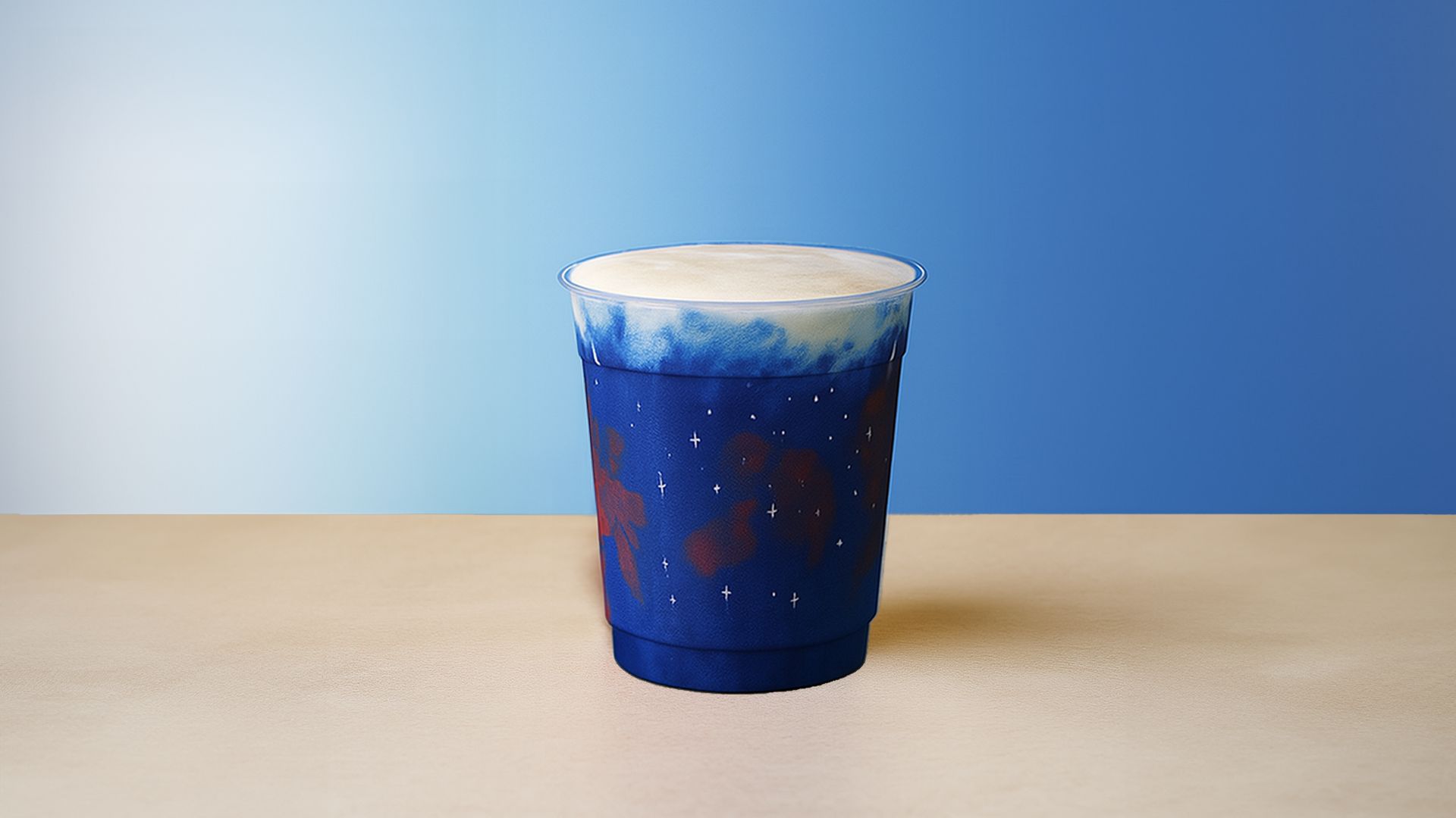 an image of the milky sky shake against a white and blue gradient background