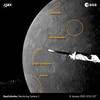 Planet Mercury in the background with its grey, cratered, pockmarked surface. In the foreground are some spacecraft parts.