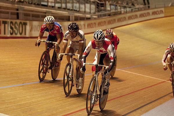 Zach Bell (Canada) goes on the attack during the men's 15km scratch race which is another leg of the omnium.