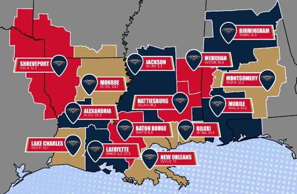 Map of the coverage of Gray&#039;s Gulf Coast Sports &amp; Entertainment Network Channels on DirecTV