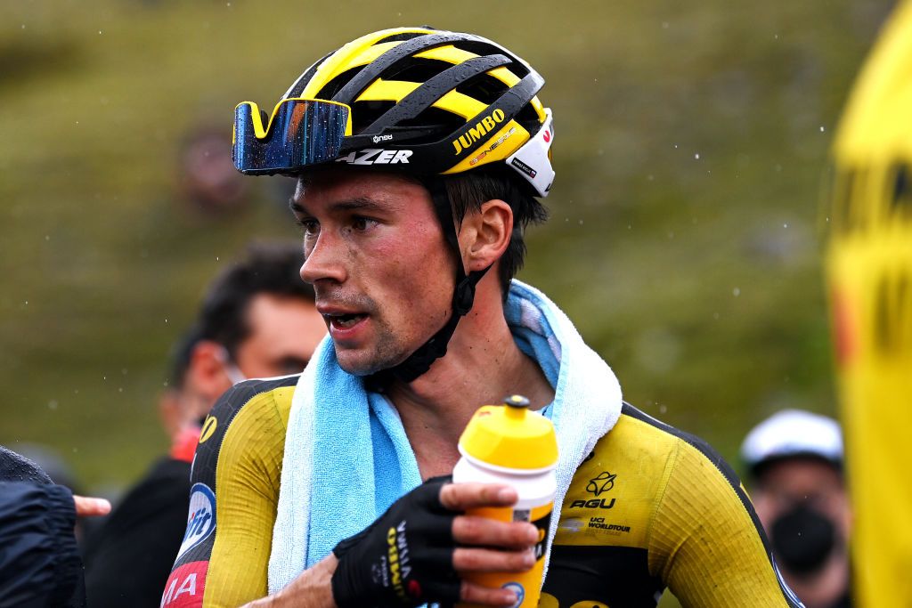 LAGOS DE COVADONGA SPAIN SEPTEMBER 01 Primoz Roglic of Slovenia and Team Jumbo Visma celebrates at finish line as stage winner during the 76th Tour of Spain 2021 Stage 17 a 1855km stage from Unquera to Lagos de Covadonga 1085m lavuelta LaVuelta21 on September 01 2021 in Lagos de Covadonga Spain Photo by Stuart FranklinGetty Images