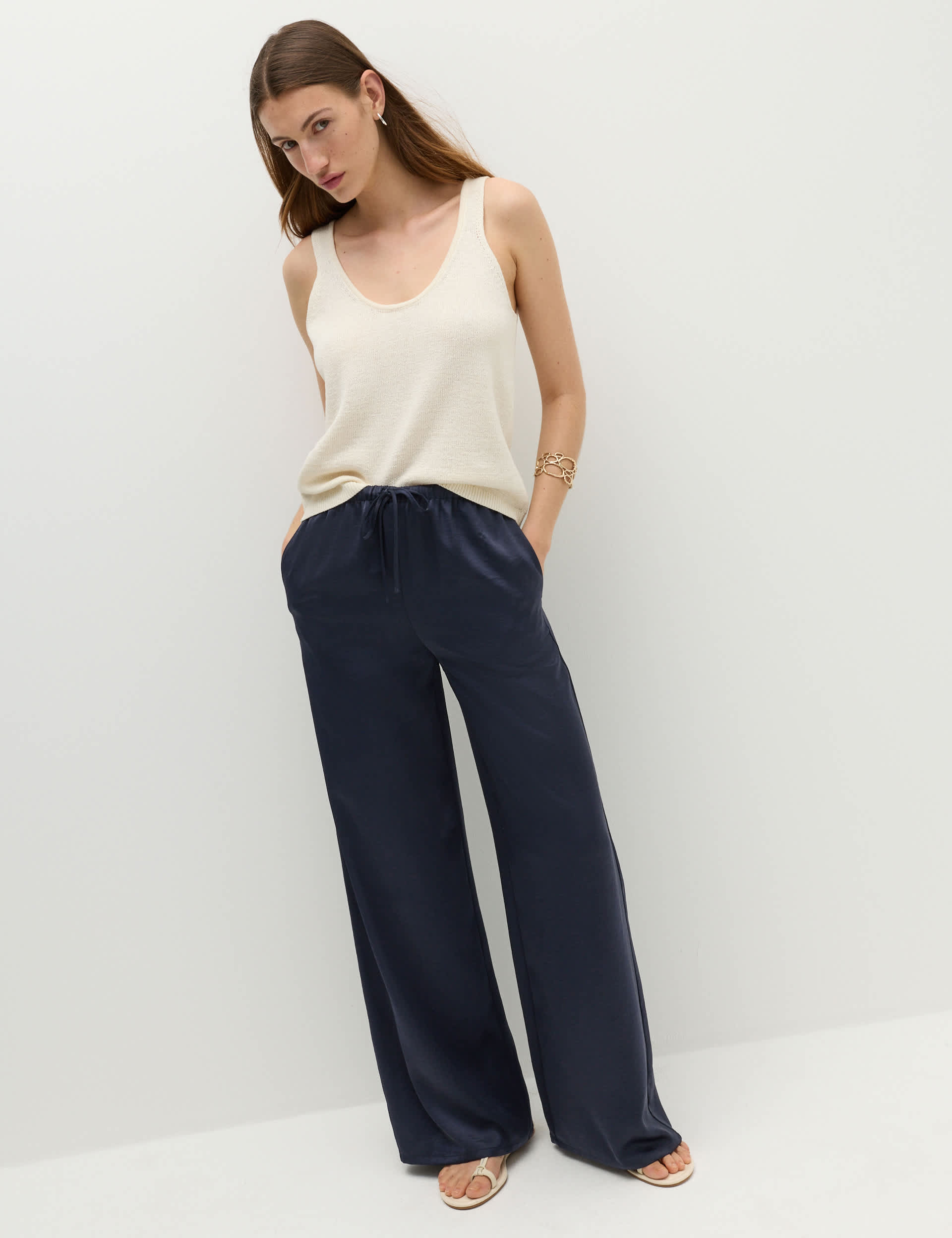 Satin Drawstring Wide Leg Trousers