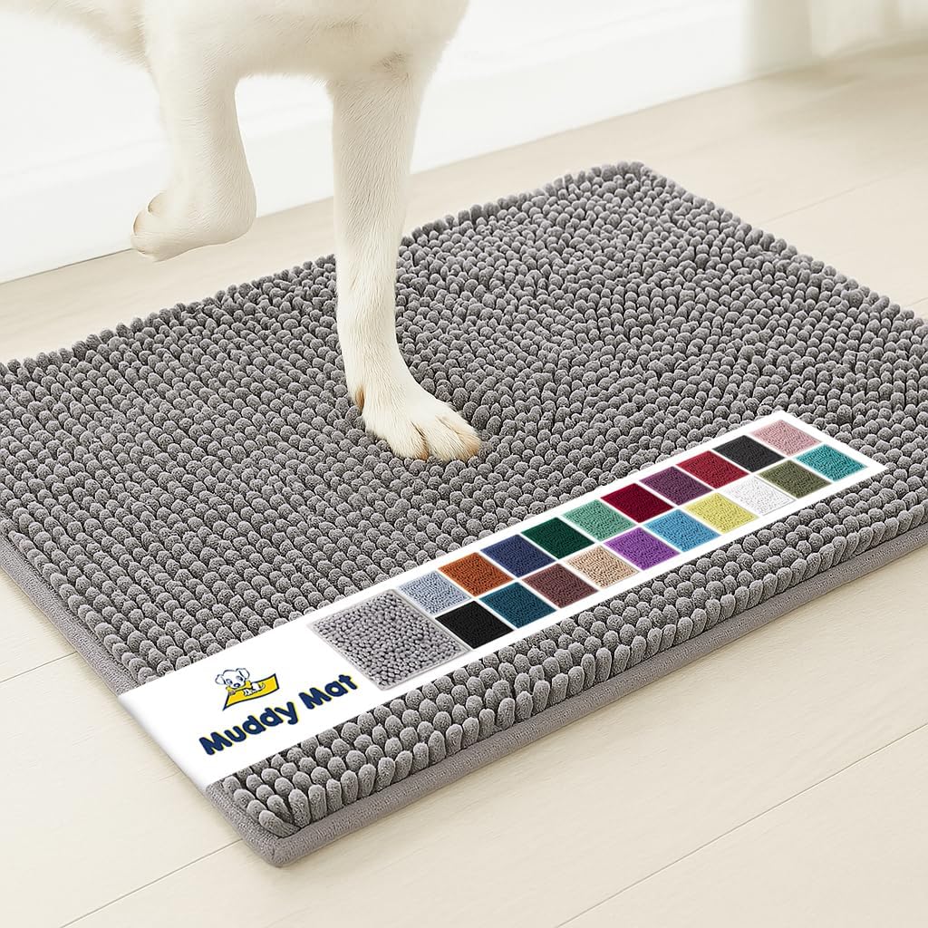 Muddy Mat As-Seen-On-Tv Highly Absorbent Microfiber Door Mat and Pet Rug, Non Slip Thick Washable Area and Bath Mat Soft Chenille for Kitchen Bathroom Bedroom Indoor and Outdoor - Grey Medium 30&quot;x19&quot;