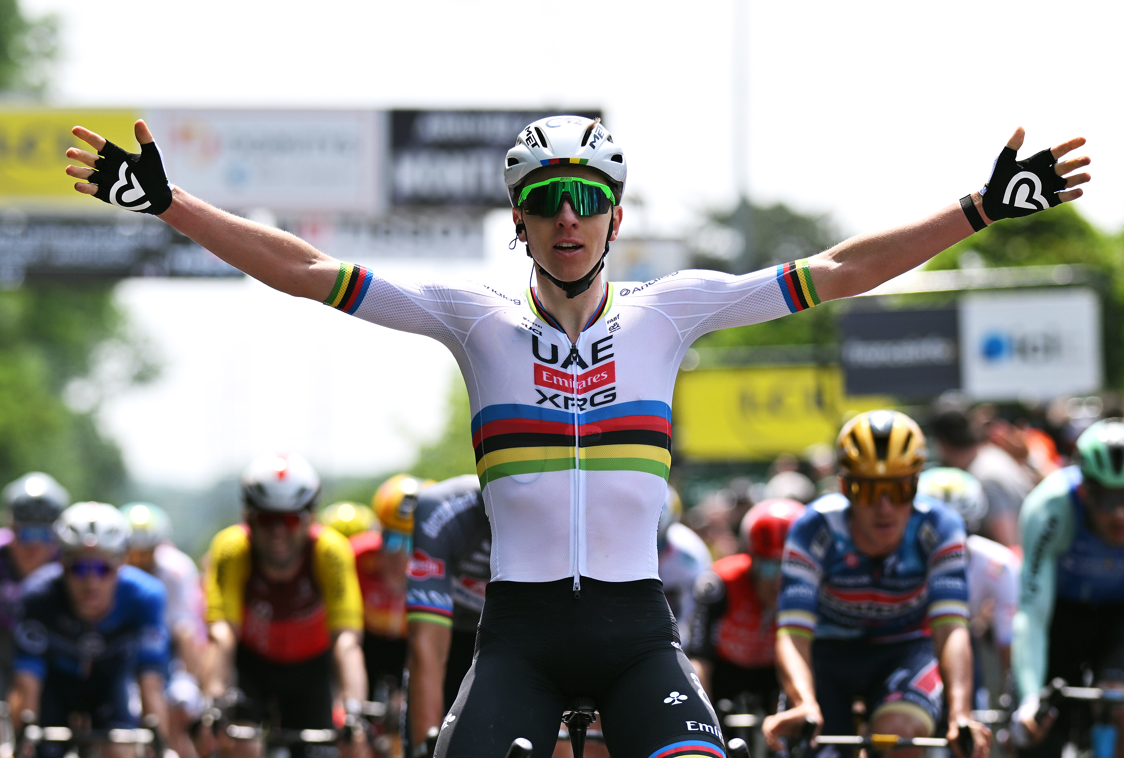 MONTLUCON, FRANCE - JUNE 08: Tadej Pogacar of Slovenia and UAE Team Emirates - XRG celebrates at finish line as stage winner during the 77th Criterium du Dauphine 2025, Stage 1 a 195.8km stage from Domerat to Montlucon / #UCIWT / on June 08, 2025 in Montlucon, France. (Photo by Dario Belingheri/Getty Images)